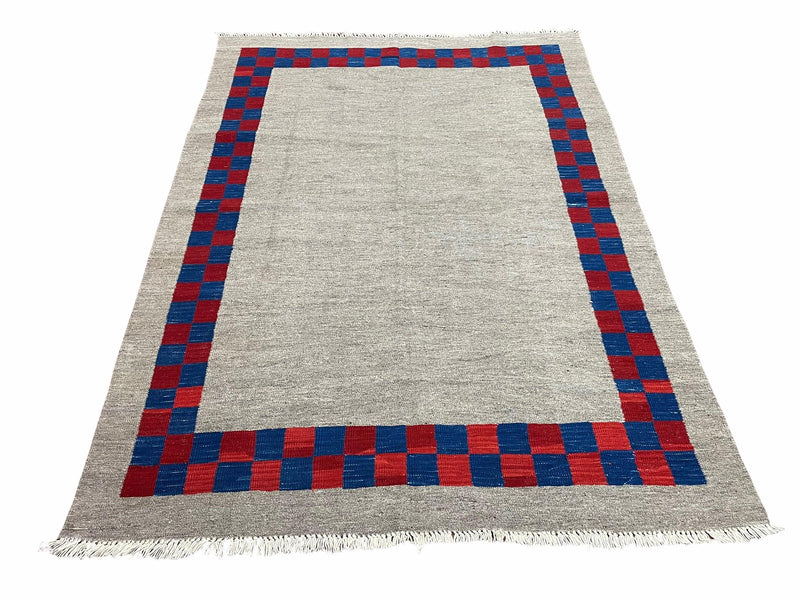 5' 7" x 7' 9" Geometric Kilim Carpet, Gray, Handmade, Hand-Knotted Area Rug, Blue & Red, Flatweave, Wool, New, Checkerboard Pattern