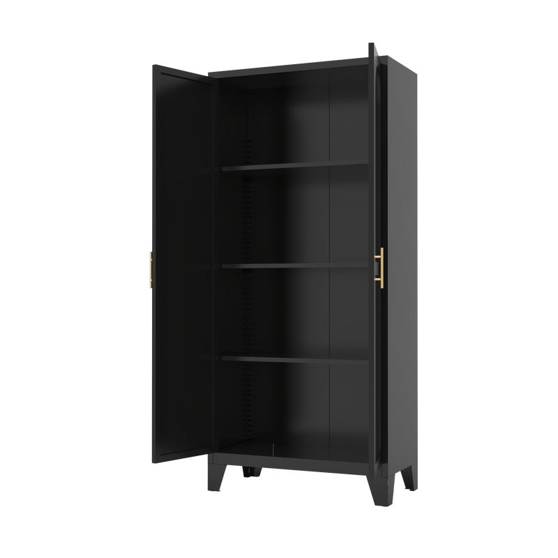71'' 2 Shapely Doors Cabinet, Metal Storage Cabinet with Doors and Adjustable Shelves, for Bedroom, Living Room, Kitchen (Black)