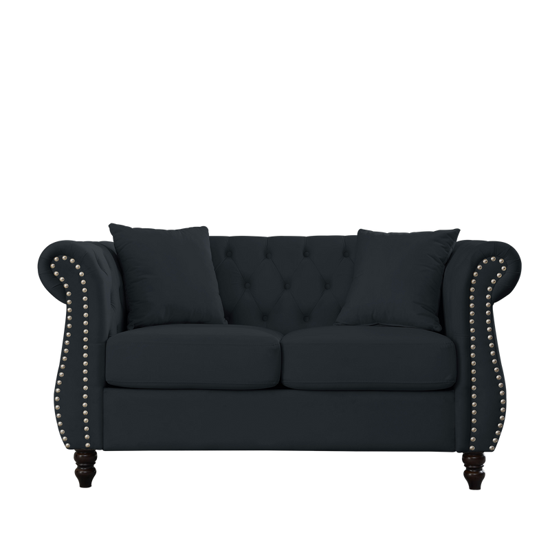 80" Chesterfield Sofa Black Velvet for Living Room, 3 Seater Sofa Tufted Couch with Rolled Arms and Nailhead for Living Room, Bedroom, Office, Apartment, 3S+2S