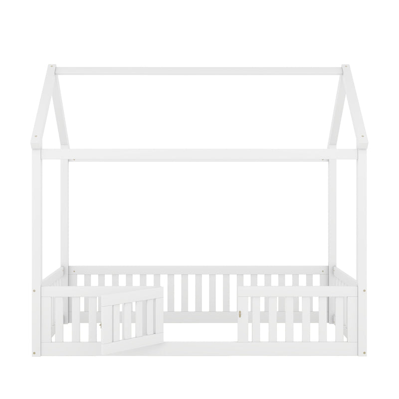 Walker Edison | Twin Size Wood House Bed with Fence and Door, White