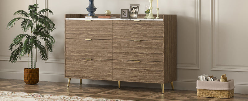 55" Long 6 Drawer Dresser with Marbling Worktop, Mordern Storage Cabinet with Metal Leg and Handle for Bedroom,Walnut
