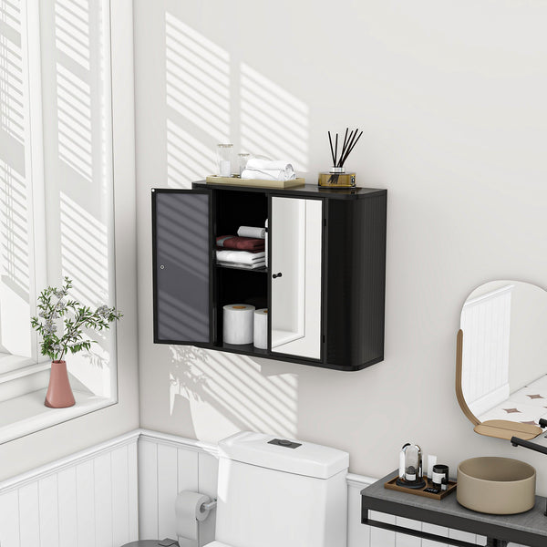 Black Wall-Mounted Bathroom Cabinet with Mirror, 2 Mirrored Doors & Open Shelf, photo 2 of 10