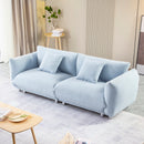 A lovable, fat, bread-like sofa with 2 pillows and metal feet with anti-skid pads