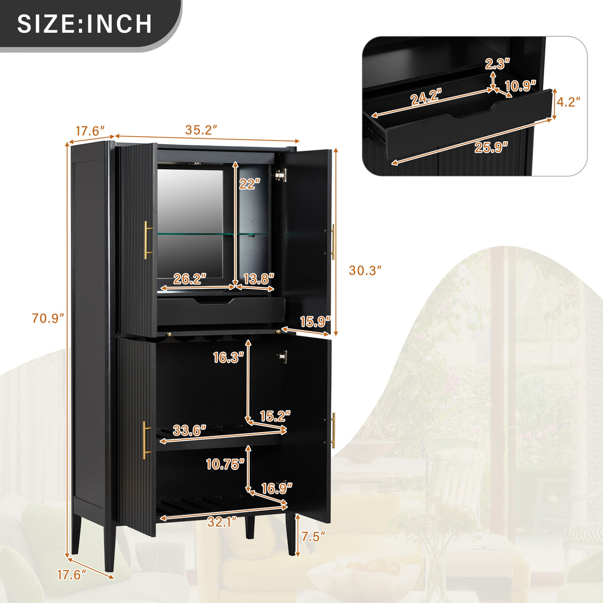 U_STYLE Modern Fluted Wine Cabinet with Glass Display & Stemware Rack, photo 4 of 10