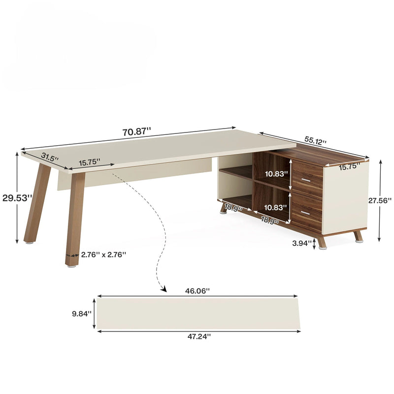 L-Shaped Executive Desk With File Cabinet, Computer Workstation With Drawers And Shelves For Home Office - White / Walnut, photo 4 of 4