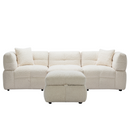 87.7" Sectional Sofa Cozy Teddy Fleece Fabric Sectional Sofa Couch with Two USB Ports a Movable Storage Ottoman and Two Lumbar Pillows for Living Room, Creamy White