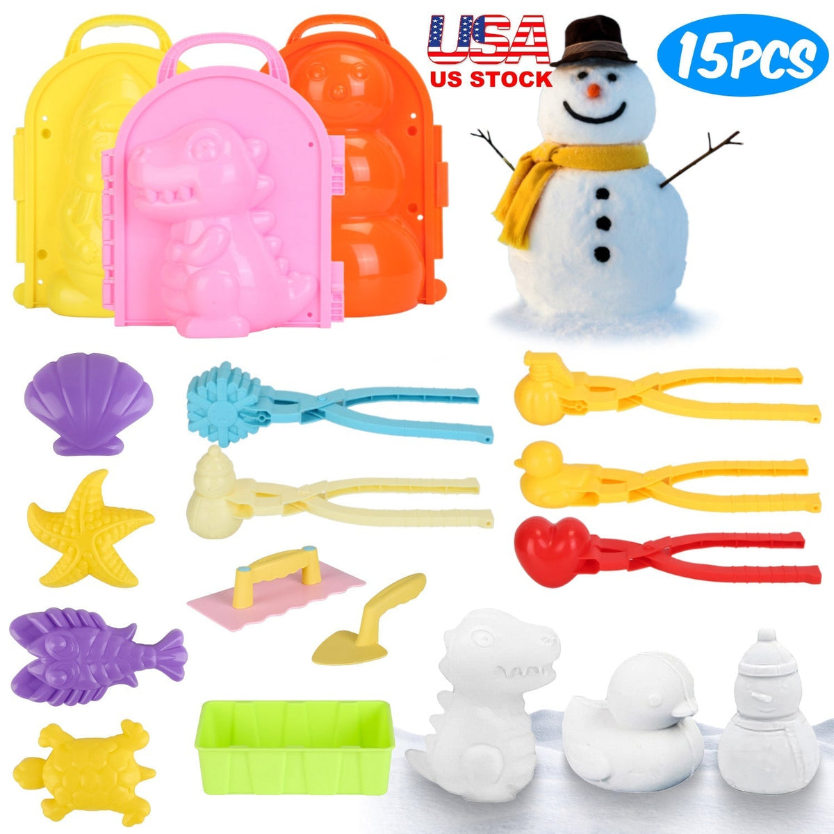 15Pcs Winter Snowball Tool Kit Kids Snow Molds Outdoor Snow Beach Toys for Kids Toddlers Adults Snowman Snowflake Duck Dinosaur, photo 9 of 14