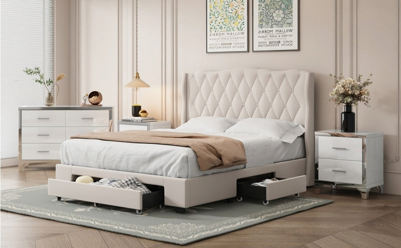 4-Pieces Bedroom Sets Queen Size Upholstered Bed with Three Drawers, High Gloss Mirrored Nightstands and Dresser with Metal handles and Legs