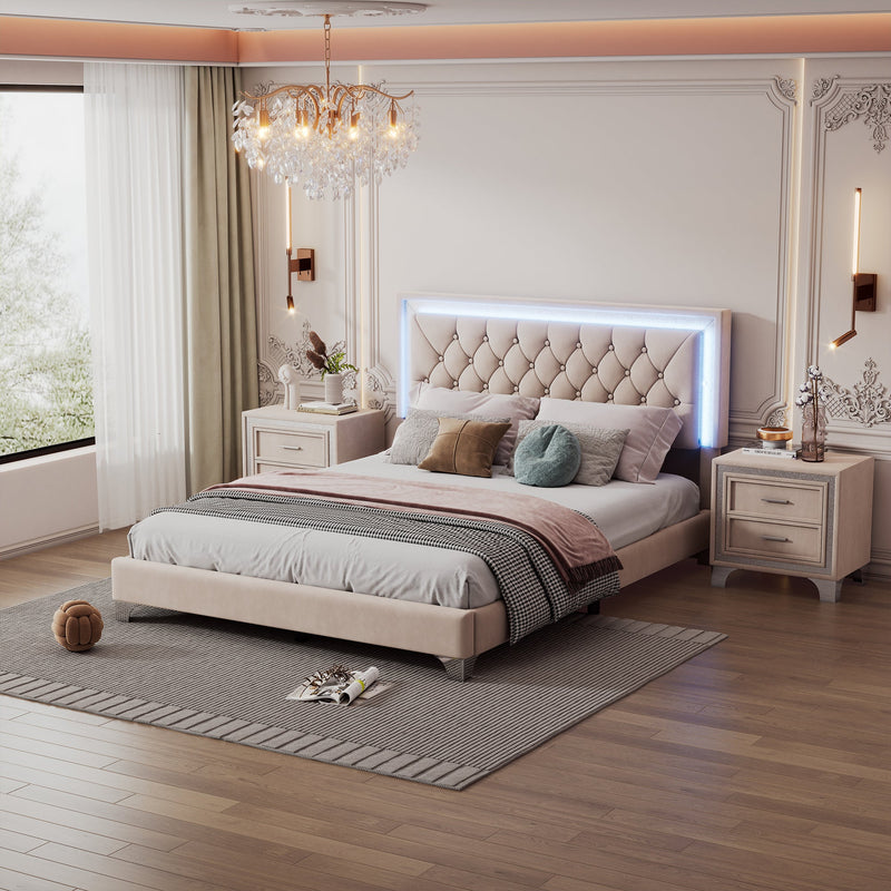 3-Pieces Bedroom Sets,Queen Size Upholstered Platform Bed with LED Lights and Two Nightstands-Beige