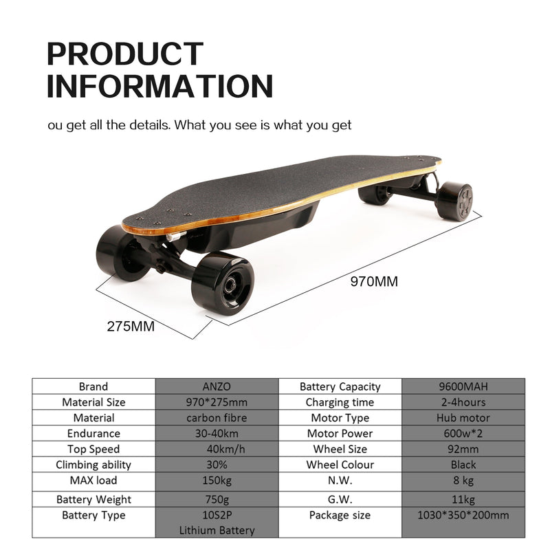 600Wx2 dual hub motors electric longboard 36V 9600mah battery electronic electric skateboard