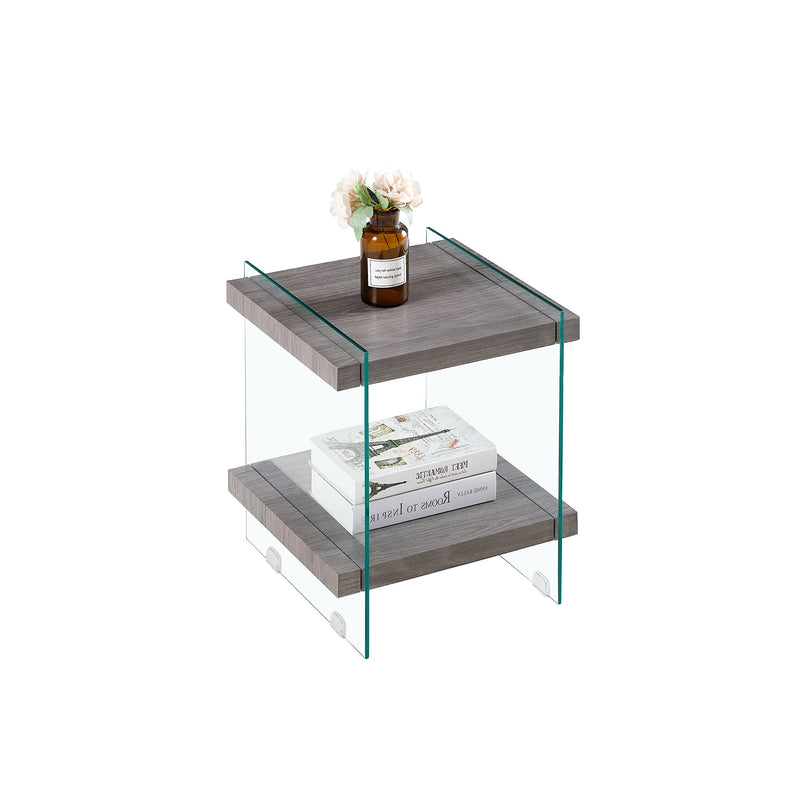 17.72" Sleek and Sturdy Tempered Glass Leg Side Table with Dual MDF Shelves, Modern nightstand end table for living roon, bedroom, transparent/brown