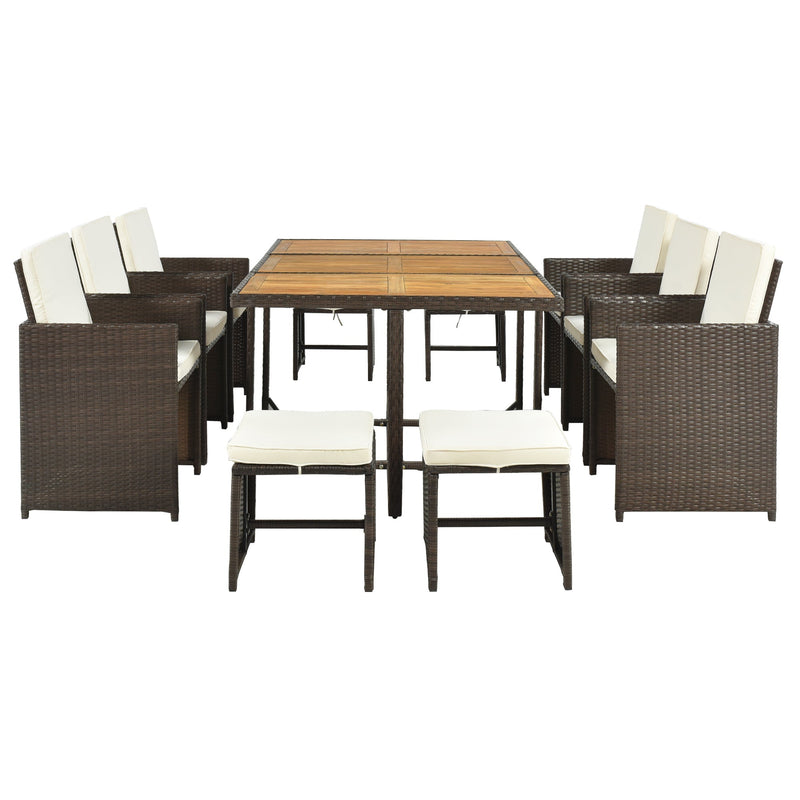 Walker Edison - 11-Piece Patio All-Weather PE Wicker Dining Table Set with Wood Tabletop for 10, Brown Rattan+Beige Cushion