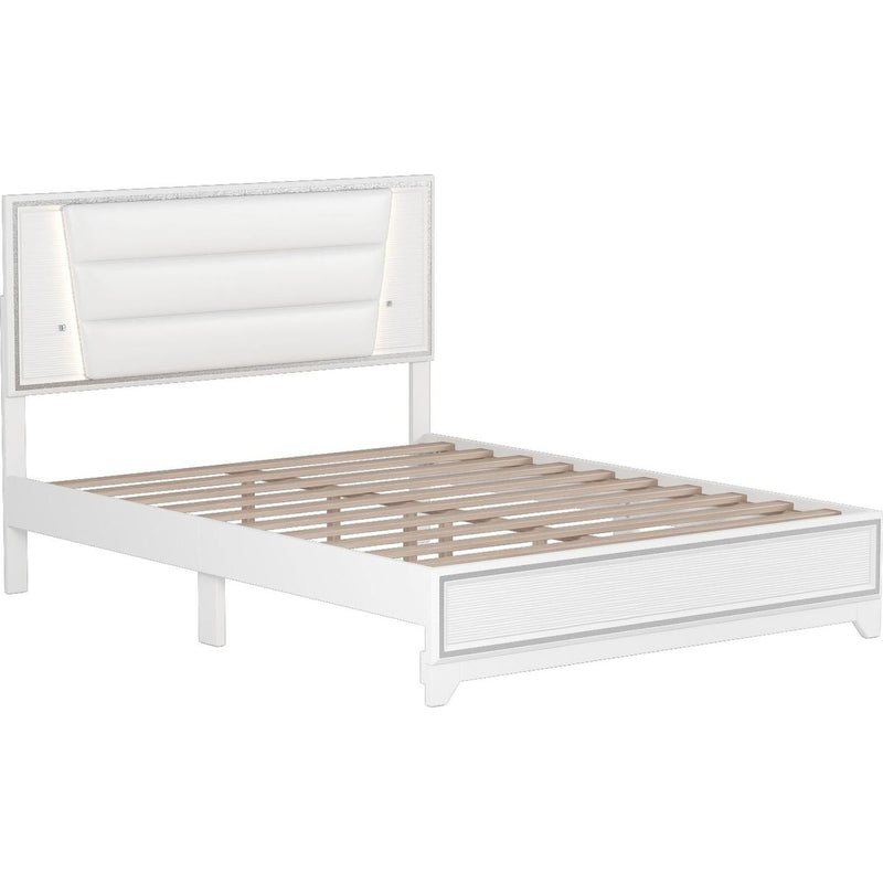 3-Pieces Bedroom Sets Queen Size Upholstered Bed with LED Lights, Nightstands and Dresser with Metal Handles and Sparkling Shiny Decoration, White