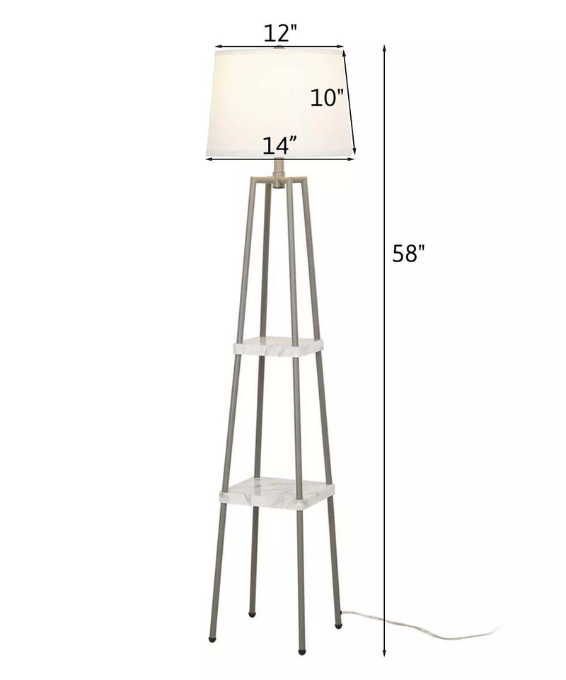 Cresswell 58"H  Silver Metal Etangere Floor Lamp, Gray Shelves and White Linen Drum Shade