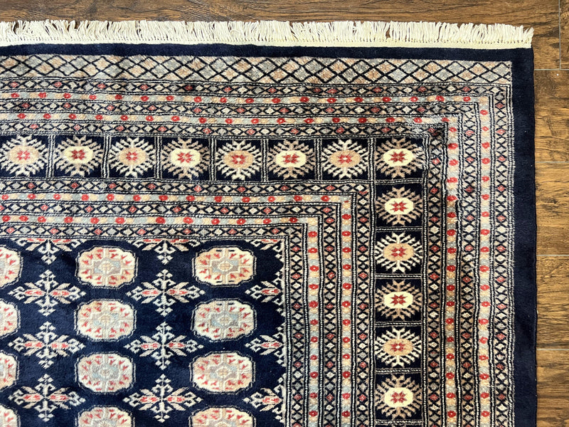Pakistani Bokhara Rug 8x10, Turkoman Carpet, Dark Blue and Beige, Vintage Handmade Wool Carpet