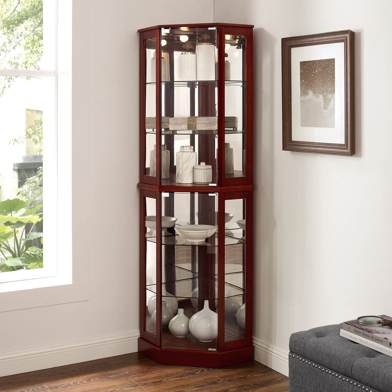 6 Shelf Corner Curio Display Cabinet with Lights, Mirrors and Adjustable Shelves, Cherry
