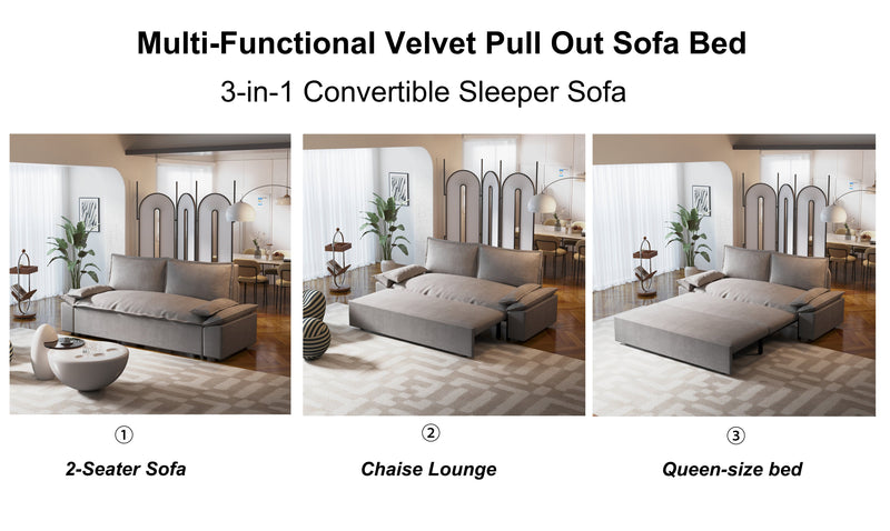 70.1" Queen Pull Out Sofa Bed, 3-in-1 Convertible Sleeper Sofa with 2 Soft Pillows,Multi-Functional Velvet Loveseat Bed,Grey