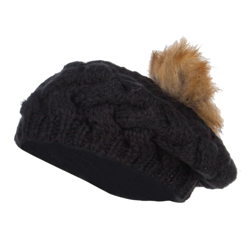 Faux Fur Pom Knit Beret