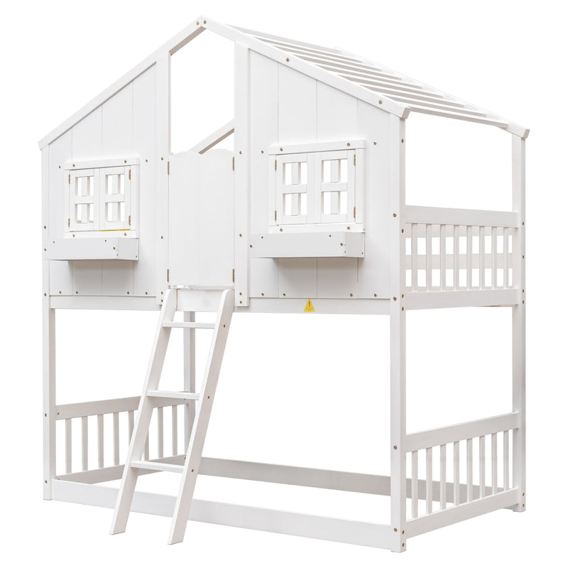 Twin over Twin House Bunk Bed with Roof, Window, Window Box, Door, with Safety Guardrails and Ladder, White