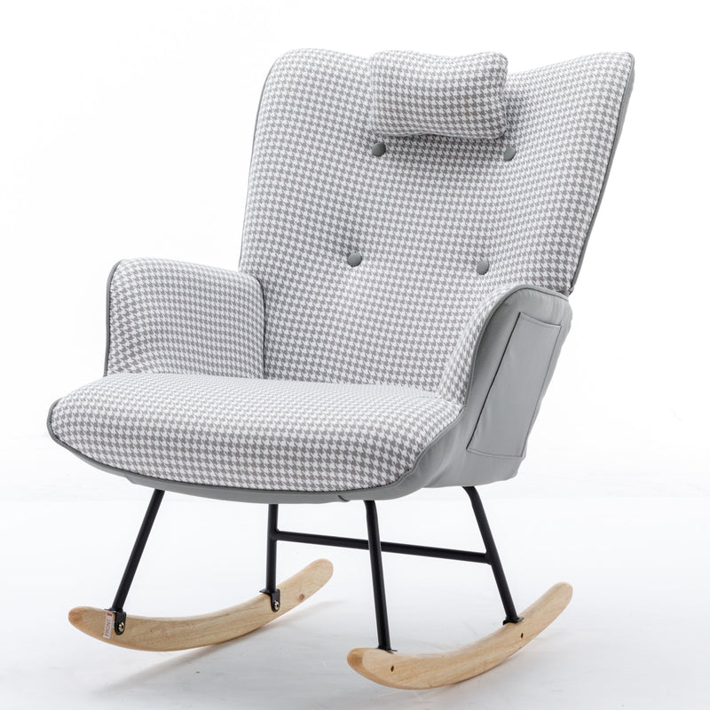 35.5 inch Rocking Chair, Soft Houndstooth Fabric Leather Fabric Rocking Chair for Nursery, Comfy Wingback Glider Rocker with Safe Solid Wood Base for Living Room Bedroom Balcony (light grey)