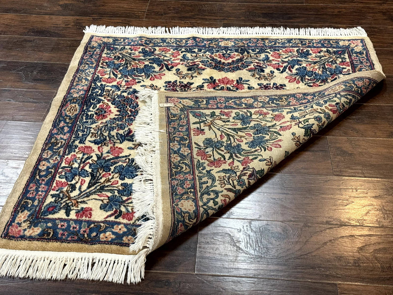 Square Persian Kerman Rug 4x4, Ivory Blue Pink, Handmade, Fine 225 KPSI