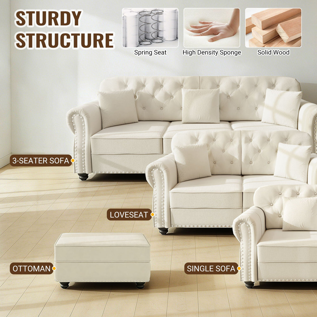 Upholstered 3 Seater Sofa Set With Ottoman, photo 39 of 39