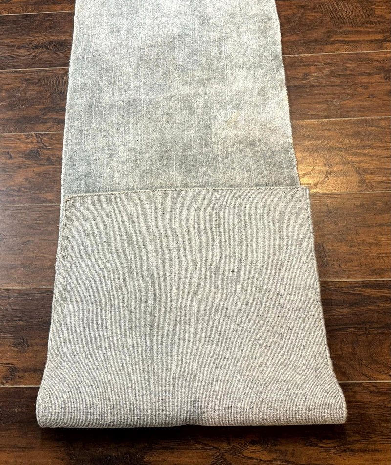 Modern Tibetan Runner Rug 1.9 x 8.6, Wool and Silk Highlights, Gray/Silver, Narrow Runner for Hallway or Kitchen