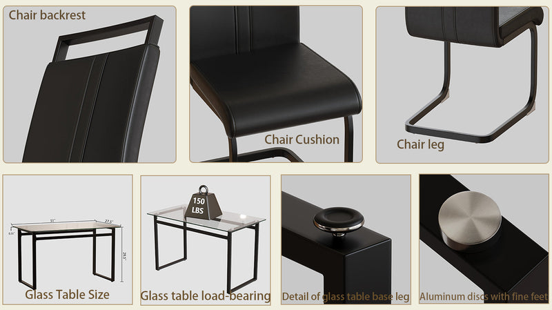 51 inch Glass Dining Table Set for 4, Dining Table & Chair Sets with Black Metal Legs for Kitchen, Modern Rectangle Tempered Glass Table Top and PU Dining armless Chair for Dining Room