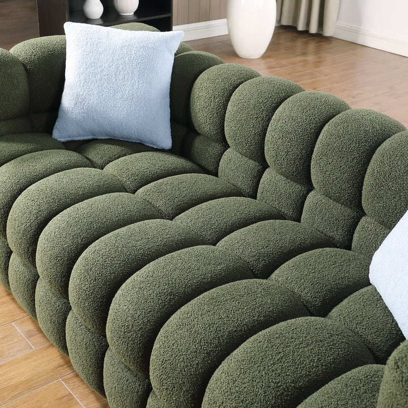 84.3/62.2 length, 35.83" deepth, human body structure for USA people, marshmallow sofa,boucle sofa, olive green color,3 seater. sofa and loveseater