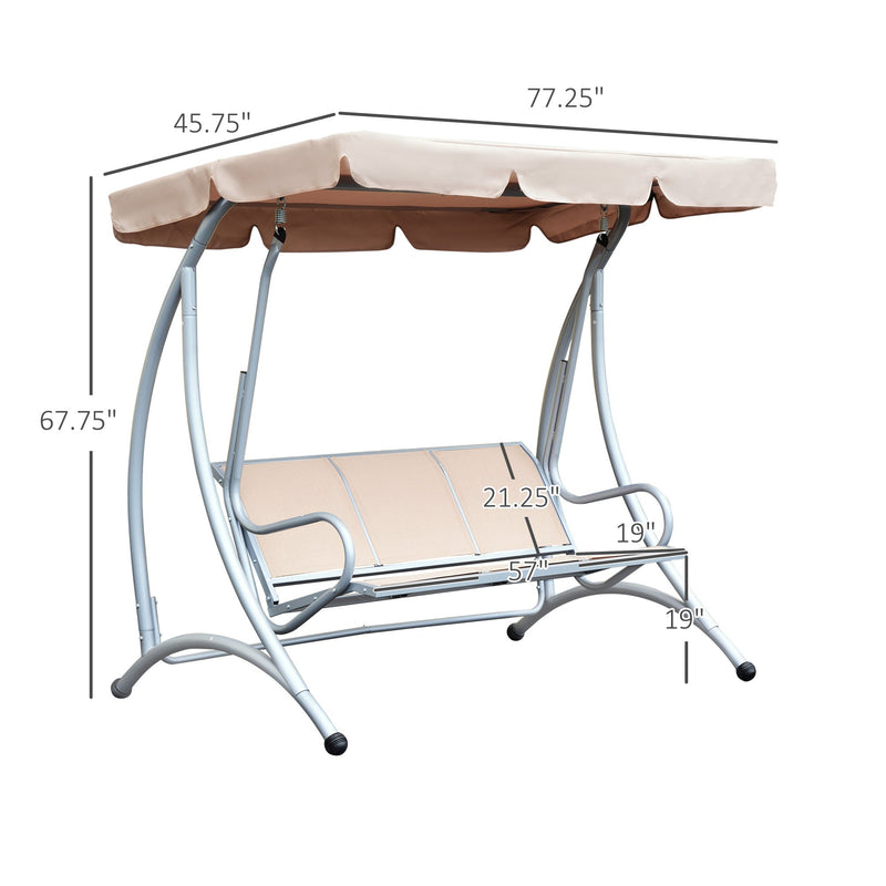3-Seat Outdoor Porch Swing Chair, Patio Swing Glider with Adjustable Canopy, Breathable Seat, and Steel Frame for Garden, Poolside, Backyard, Beige