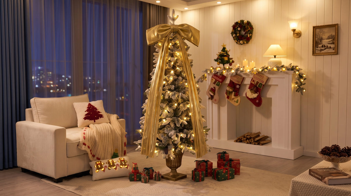 6FT Pre-Lit Flocked Christmas Tree with 42 Real Pine Cones, photo 8 of 8