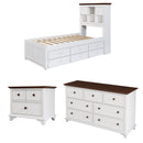 3 Pieces Wooden Captain Bedroom Set Twin Bed with Trundle, Nightstand and Dresser, White + Walnut