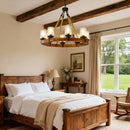 8 Light Rustic Wagon Wheel Chandelier, 31" Wooden Pendant Light with Seeded Glass Shade