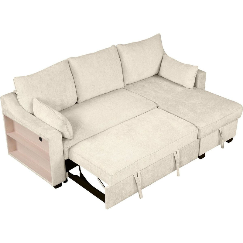 90" Pull Out Sleeper Sofa L-Shaped Couch Convertible Sofa Bed with Storage Chaise, Storage Racks and USB Ports (SG001340AA), Beige