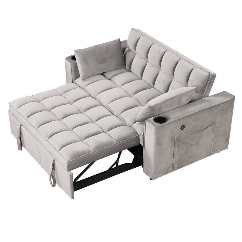 55.3" 4-1 Multi-functional Sofa Bed with Cup Holder and USB Port for Living Room or Apartments, Gray