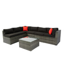 5 Pieces PE Rattan sectional Outdoor Furniture Cushioned U Sofa set with 2 Pillow Grey wicker + Black Cushion