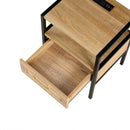 15.75" Rattan End table with Power Outlet & USB Ports, Modern nightstand with drawer and metal legs, side table for living room, bedroom,natural(1 PC)