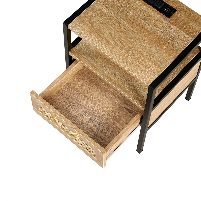 15.75" Rattan End table with Power Outlet & USB Ports, Modern nightstand with drawer and metal legs, side table for living room, bedroom,natural(1 PC)