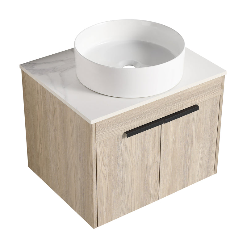 24 " Modern Design Float Bathroom Vanity With Ceramic Basin Set, Wall Mounted White Oak Vanity With Soft Close Door,KD-Packing,KD-Packing,2 Pieces Parcel(TOP