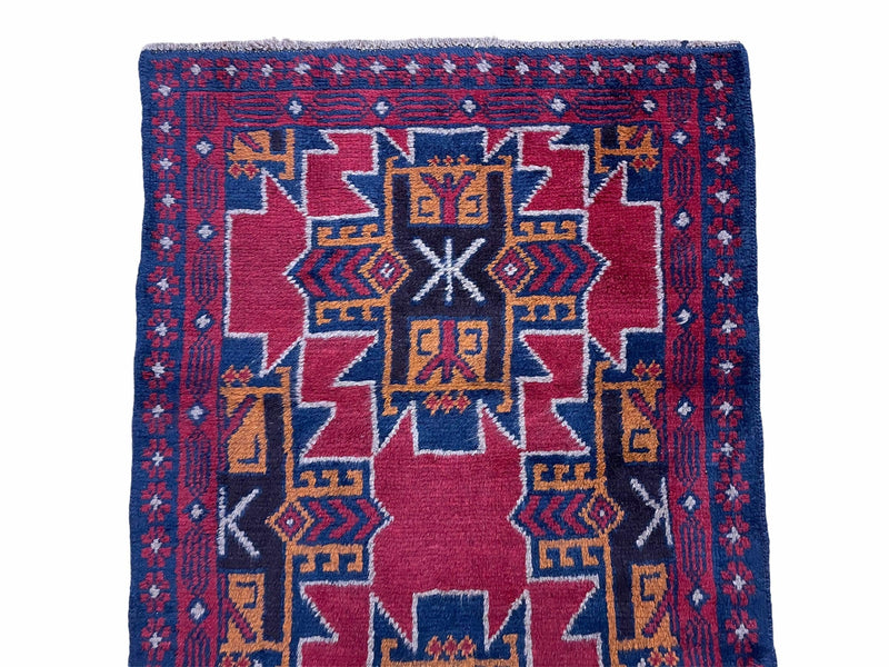 2' 8" X 4' 6" Vintage Handmade Tribal Wool Rug Balouchi Rug Afghan Rug Red Blue
