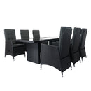 7 Piece Outdoor Patio Wicker Dining Set Patio With Adjustable Backrest Black Wicker + Dark Grey Cushion