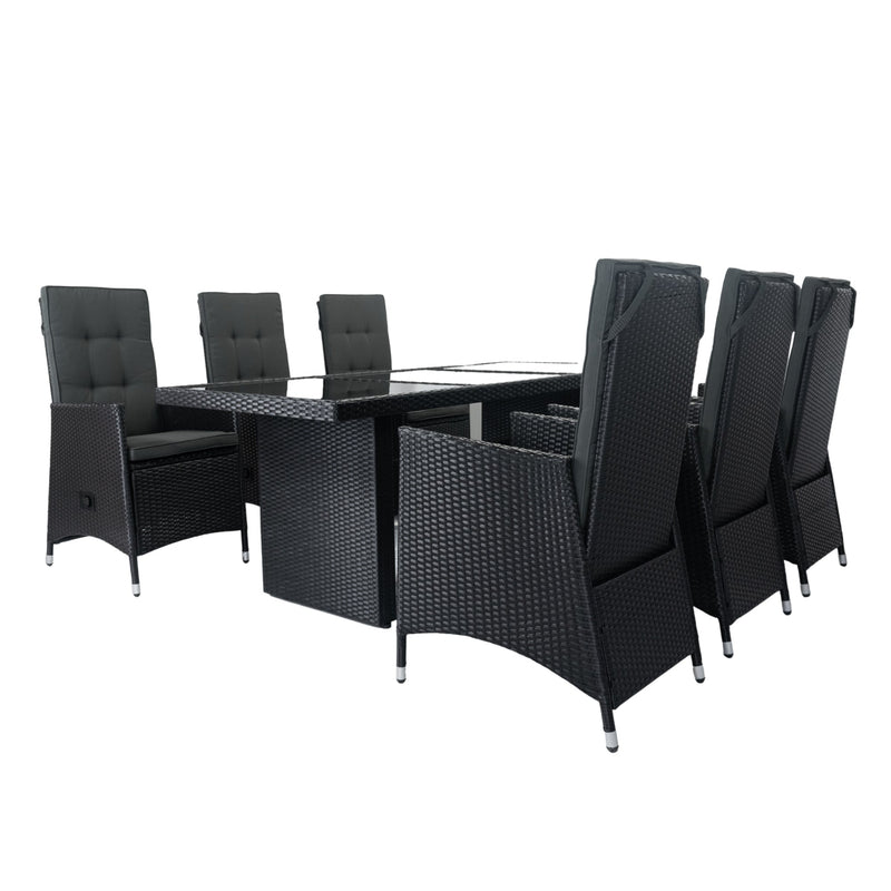 7 Piece Outdoor Patio Wicker Dining Set Patio With Adjustable Backrest Black Wicker + Dark Grey Cushion