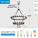 36-Lights 2-Level Matte Black Wagon Wheel Chandelier (24+12)