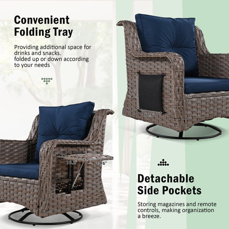 5 Pieces Outdoor Patio Furniture Set with Pet House Cool Bar and Retractable Side Tray, Rattan Wicker Patio Swivel Rocking Chairs Set of 2 with Ottomans for Backyard, Porch, Balcony, Navy Blue