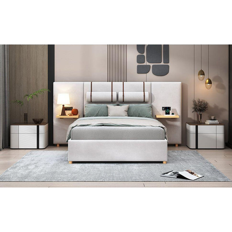 Full Size Upholstered Platform Bed, Two Outlets and USB Charging Ports on Both Sides, Two Bedside Pillows, Storage Shelves,Velvet,Beige