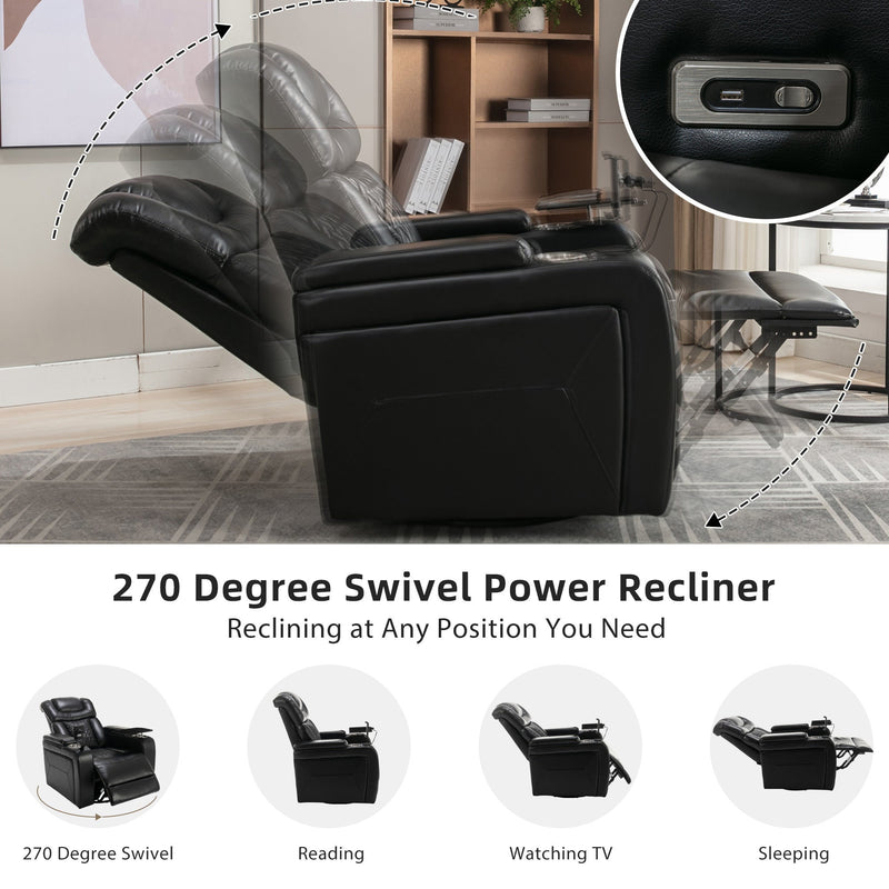 270 Degree Swivel PU Leather Power Recliner Individual Seat Home Theater Recliner with Comforable Backrest, Tray Table, Phone Holder, Cup Holder, USB Port, Hidden Arm Storage for Living Room, Black