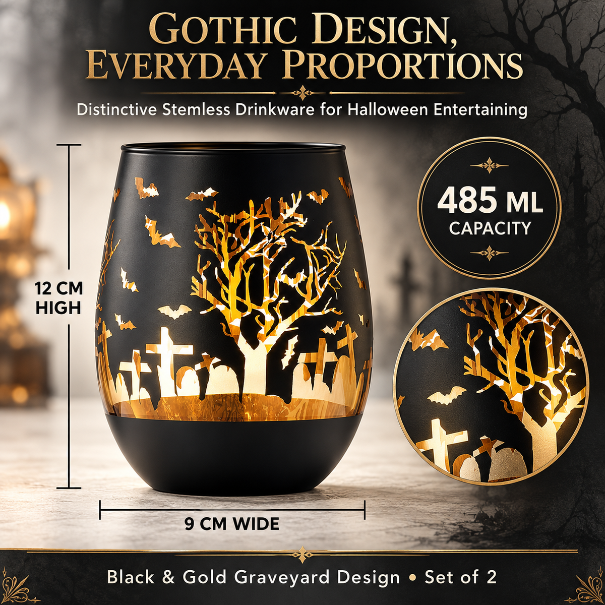 Crystal Halloween Stemless Wine Glass - Set of 2, photo 8 of 9