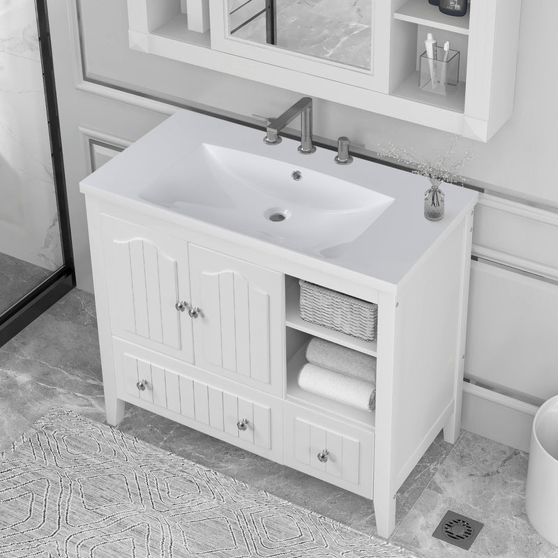36" Bathroom Vanity with Ceramic Basin, Bathroom Storage Cabinet with Two Doors and Drawers, Solid Frame, Metal Handles, White
