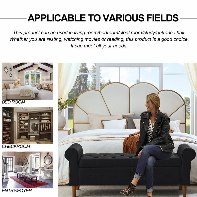 62" Bedroom Tufted Button Storage Bench, Linen Upholstered Ottoman, Window Bench, Rolled Arm Design for Bedroom, Living Room, Foyer (Beige)