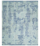 Fine Antique Design Silver, Light Teal and Blue transitional Hand Knotted 8x10 wool and Art Silk area Rug